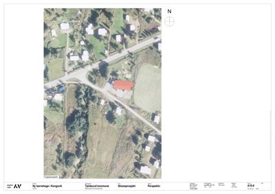 Flyfoto eller satellittbilde av et område med bygninger, veier og natur, inkludert et nordpilt (N) og en tittel 'Fugleperspektiv'.