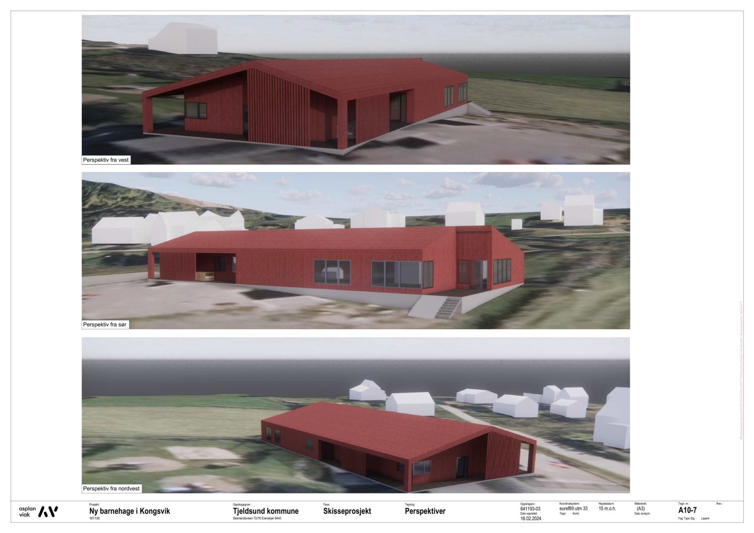 Tre perspektivtegninger (renderinger) av en planlagt barnehage sett fra ulike vinkler (vest, sør, nordvest) med omgivelsene.