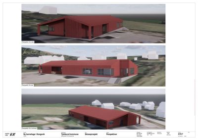 Tre perspektivtegninger (renderinger) av en planlagt barnehage sett fra ulike vinkler (vest, sør, nordvest) med omgivelsene.