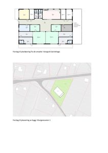 Bildet viser en tegning med to deler: øverst en planløsning (etasjeplan) for en barnehage, og nederst en situasjonsplan som viser byggets plassering på tomten.