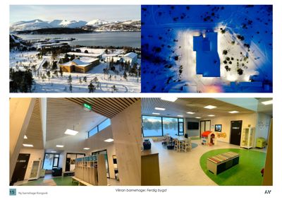 Fotografier av Vikran barnehage i Kongsvik, inkludert utsikt, flyfoto og interiør.