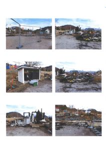 Fotografier av et bygge- eller riveområde med nedbrent eller demontert bygg, hekk og maskiner.