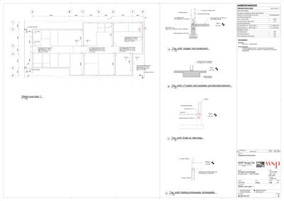 Etasjeplan (dekke over plan 1) med romfordeling, dimensjoner og tekniske detaljer for vegger og gulvkonstruksjon.