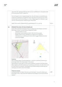 Et situasjonsplan som viser plassering av en barnehage på en tomt, inkludert utseareal, parkeringsplasser og orientering i forhold til omgivelsene.