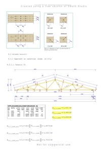 En teknisk tegning som viser en takstol med dimensjoner, knutepunkter og beregningsresultater for krefter i stålkonstruksjonen.