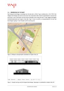 Bildet viser en fasadetegning (opprikk) av en planlagt barnehage sett fra nord og vest, samt et utsnitt av situasjonsplanen over tomten.