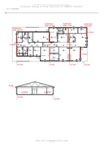 Tegning som viser beregningsresultater for strekk- og trykkkrefter (kN) i en bjelkeløsning, samt oppriss av takkonstruksjon med laster.