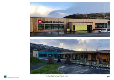 Fotografier av Kvalsund barnehage i Kongsvik, både fasade og omgivelser, etter at bygget er ferdig.