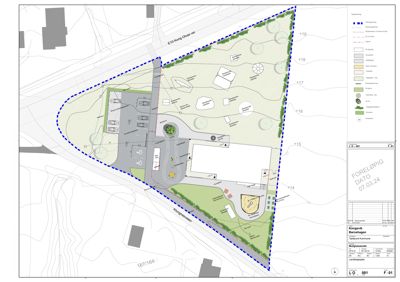 Situasjonsplan som viser tomtens form, grenser, beplantning, veier og plassering av bygninger.