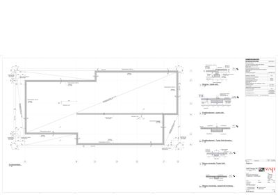 Tegning som viser detaljerte konstruksjonsdetaljer for fundamentet, inkludert dimensjoner og materialer.