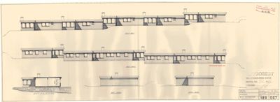 Fasadetegning som viser bygningens utsyn fra flere vinkler (for-, side- og bakfasade) med detaljer om vinduer, tak og grunnmur.