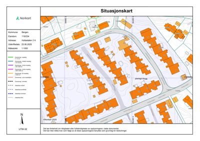 Situasjonskart (tomtekart) som viser eiendommen med omgivende bygninger, vegnett og høydemålerlinjer.