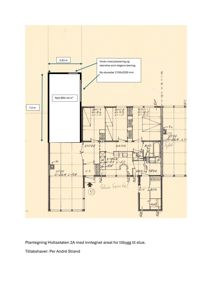 Plantegning som viser etasjeplan for en bolig med en tegnet tilbygg (nytt BIA) til stue. Tegningen inneholder romnavn, dimensjoner og tekniske notater.