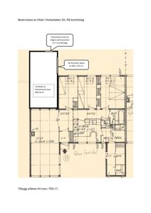 Etasjeplan (1. etasje) som viser romfordeling, utvidelse av stue, og plassering av vindu og dører.