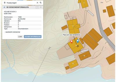 Kartutsnitt fra eiendomsinformasjonssystemet som viser topografi, eiendomsnummerering og eiendomsgranser for Holmevegen 3.
