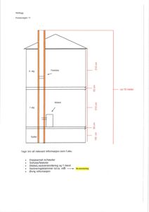Snittegning som viser tverrsnitt gjennom en bygning med angitte etasjer (kjeller, 1. etg, 2. etg), høyder, og plassering av ildsted og feieluke.