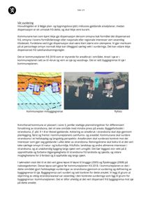 Bildet viser en side fra en rapport med tekst om vurdering av arealbruk og byggesaker. Det inneholder to innleverte bilder: en kommuneplan med byggegrense (kart) og et flyfoto av et område med bygninger ved vann.