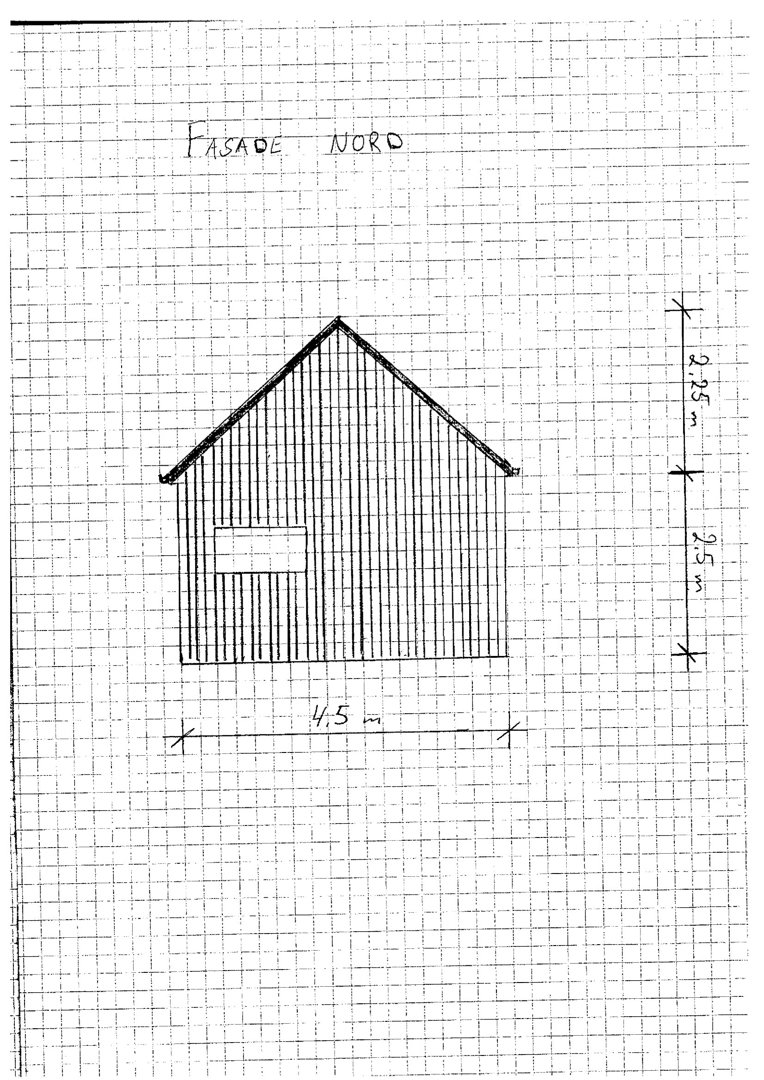 En håndtegnet fasadetegning (Nord) med mål på 4,5 m bredde og 2,25 m + 2,5 m høyde.