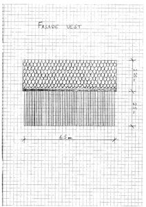 Fasadetegning for vestfasaden med oppriss av tak og vegghøyder.