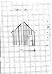En håndtegnet fasadetegning (Fasade SØR) med mål for bredde og høyde.