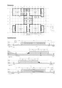 Bildet viser en plantegning (etasjeplan) med romfordeling og en fasadetekning (opprikk) av bygningen.
