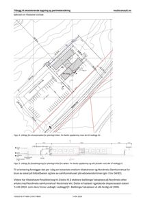 Bildet viser en situasjonsplan (Figur 4) som illustrerer plasseringen av en eksisterende bygning, en planlagt tilbygg (1m wing) og en fotballbane på et tomt. Det inneholder også en fasadetegning (Figur 5) for den planlagte tilbygningen.