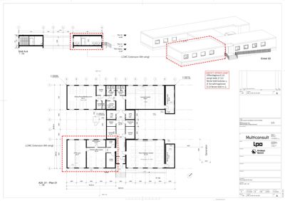 Etasjeplan (Plan 01) for LCMC Extension (4th wing) med romfordeling, dimensjoner og et snitt (Snitt A.A) av bygningen.