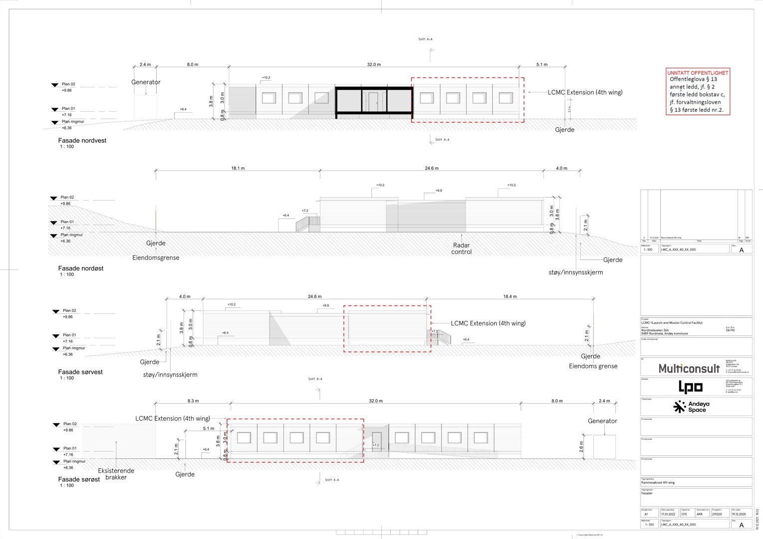 Fasadetegning som viser bygningens utseende fra nordvest, nordøst, sørvest og sørøst, inkludert mål og høyder.