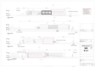 Fasadetegning som viser bygningens utseende fra nordvest, nordøst, sørvest og sørøst, inkludert mål og høyder.