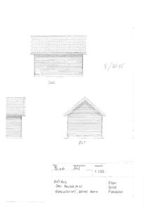 Tegning som viser fasadeopprikk (øst) og detaljer for vinduer/vegger.