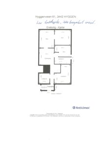 Etasjeplan for kjelleren i enebolig på Hyggenveien 61, som viser romfordeling og mål.