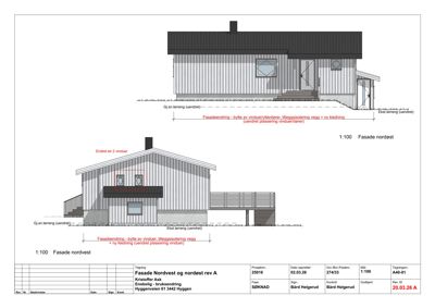 Fasadetegning som viser bygningens utseende sett fra nordvest og nordøst, med detaljer om vinduer og isolering.