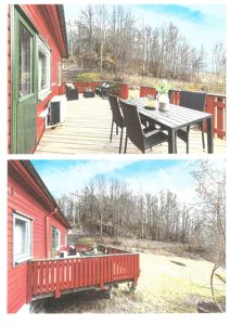 To fotografier av en terrasse med møbler og en rød bygning i en skogstrakt.