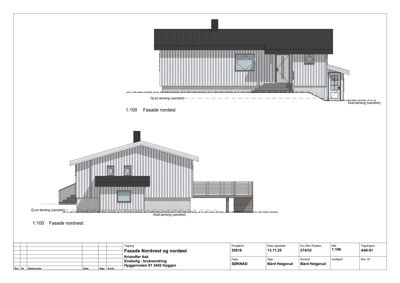 Fasadetegning som viser bygningens utseende sett fra nordøst og nordvest.
