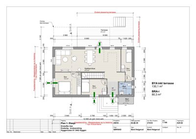 Etasjeplan (Plan 1. Etasje) som viser romfordeling, mål og funksjoner i en bolig.