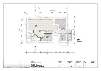 Etasjeplan (snitt A-A) som viser romfordeling, mål og areal for en bolig.