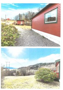 To fotografier av en rød bygning og omgivelsene, inkludert en sti og utsikt over et landskap.