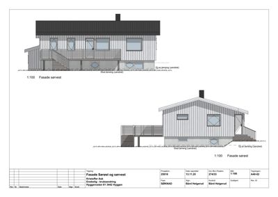 Fasadetegning som viser bygningens utseende sett fra sørvest.
