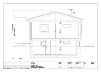 Snittegning (Snitt A) av en enebolig med mål og konstruksjonsdetaljer.