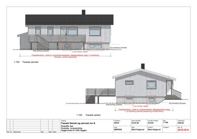 Fasadetegning som viser bygningens utseende sett fra vest og øst, inkludert detaljer om vinduer og terrasser.