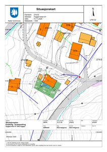 Situasjonsplan som viser eiendomsnummer, bygningsspor, veggrenser og topografi for en eiendom i Asker kommune.