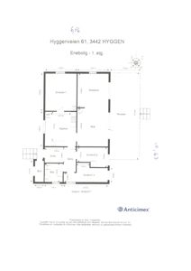 Etasjeplan for 1. etasje av en enebolig, som viser romfordeling (stue, kjøkken, soverom, bad) og mål.
