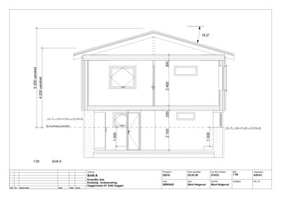Snittegning (Snitt A) av en enebolig som viser høyder og romfordeling.
