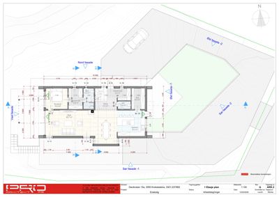 Etasjeplan (1. etasje) med romfordeling, dimensjoner og fasadeindikasjoner