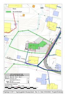 Situasjonskart som viser tomtens beliggenhet, topografi, eksisterende og planlagt bebyggelse, samt infrastruktur.