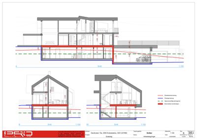 Snittegning av enebolig med oppgitt høyder, terrennforhold og konstruksjonsdetaljer.