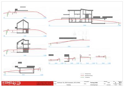 Tegning som viser flere snitt (T1-T10) gjennom en bygning, med oppgitt målestokk og terrengforhold.