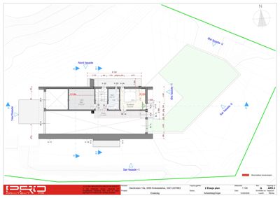Etasjeplan for 2. etasje i en eierborettsleilighet, med romfordeling, dimensjoner og fasader.