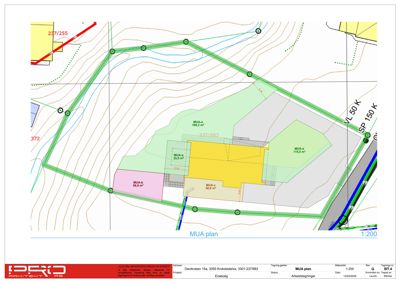 Situasjonsplan (MUA-plan) som viser tomtens form, grenser, høydeforhold (konturlinjer), vannløp og plassering av bygninger i forhold til omgivelsene.