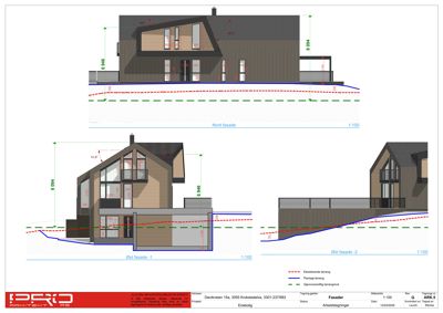Fasadetegning som viser bygningens utseende fra tre ulike vinkler (Nord, Øst -1 og Øst -2) med mål og terrengforhold.